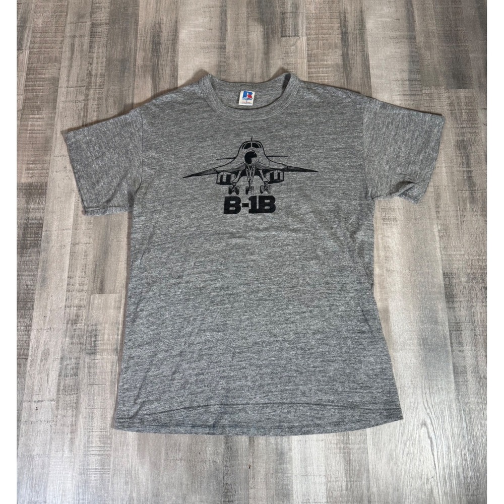 Vintage Russell Athletic B-1B Lancer Bomber Plane T-Shirt Gray Mens M USA 80s